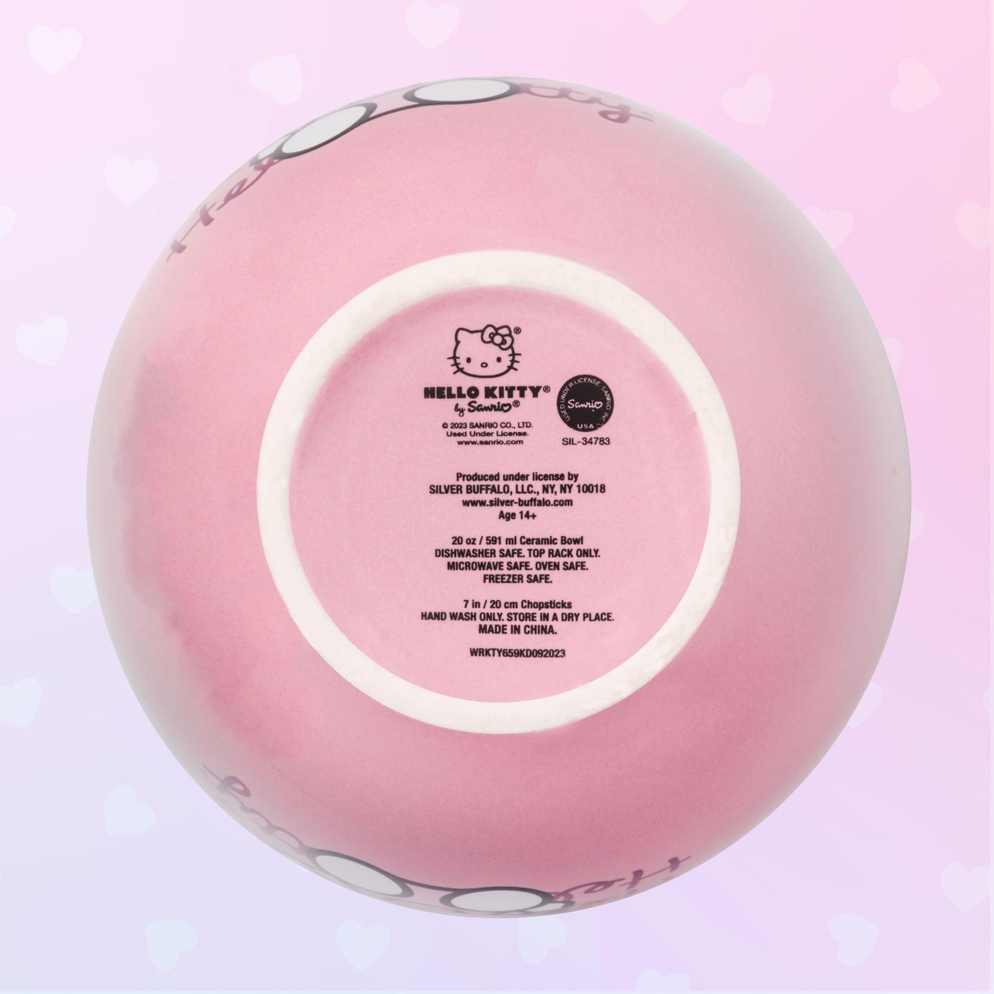 Silver Buffalo Sanrio Hello Kitty Waving Pink Ceramic Ramen Noodle Rice Bowl with Chopsticks, Microwave Safe, 20 Ounces,