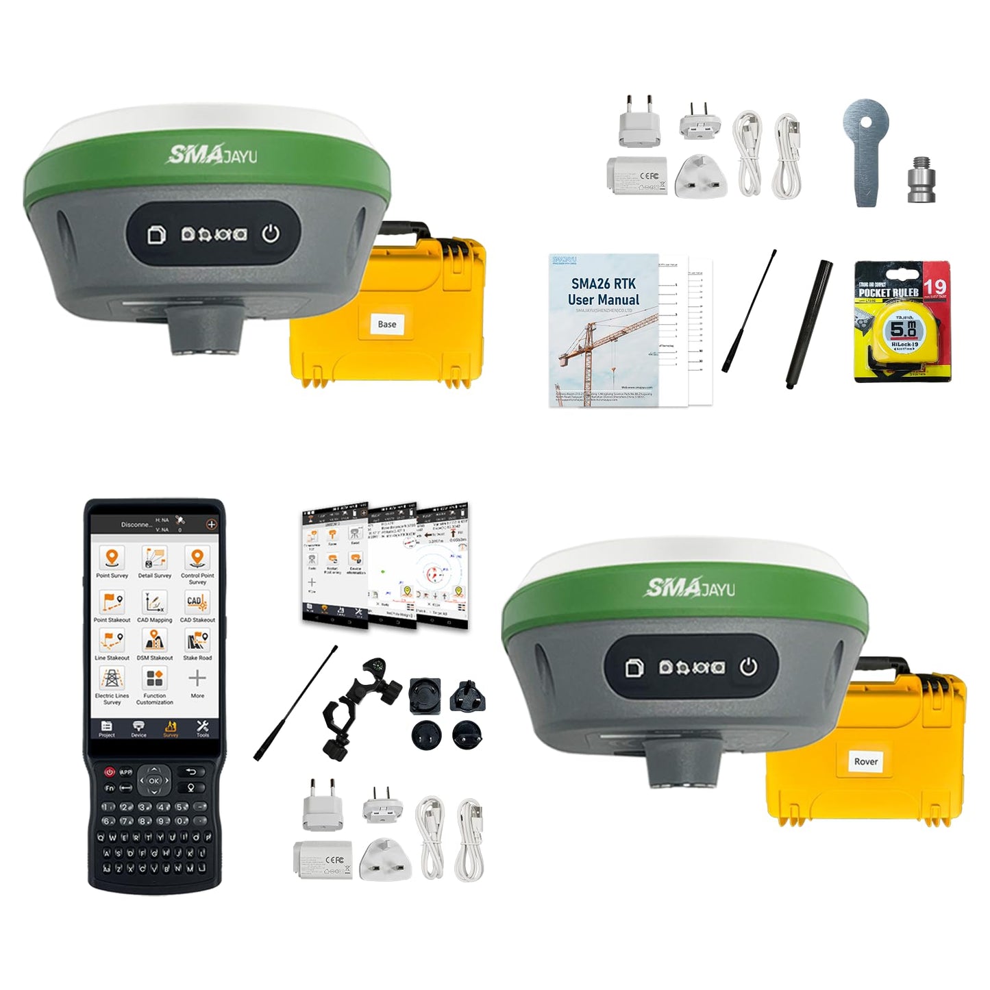SMA26 Plus Rover Base RTK GNSS Survey System with Handheld Collector, Dual GNSS Receiver with Survey Software, Tilt Compensation, IP67 Waterproof, Ideal for Land, Construction(exclude Tripod&Pole)