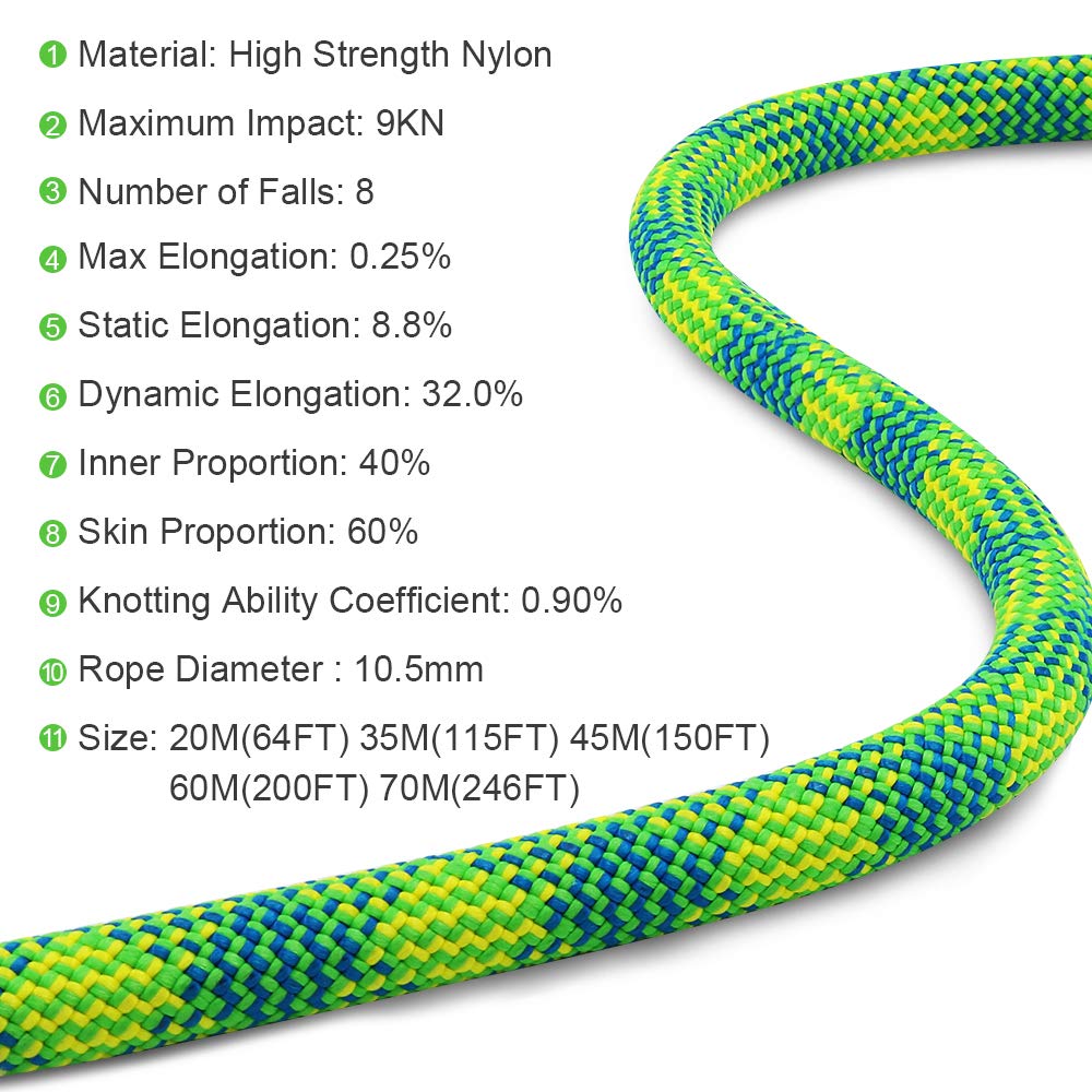 X XBEN 10.5 mm UIAA Dynamic Climbing Rope 45M(150FT), Safety Nylon Kernmantle Rope for Rock Climbing, Tree Climbing, Ice Climbing, Rappelling, Rescue