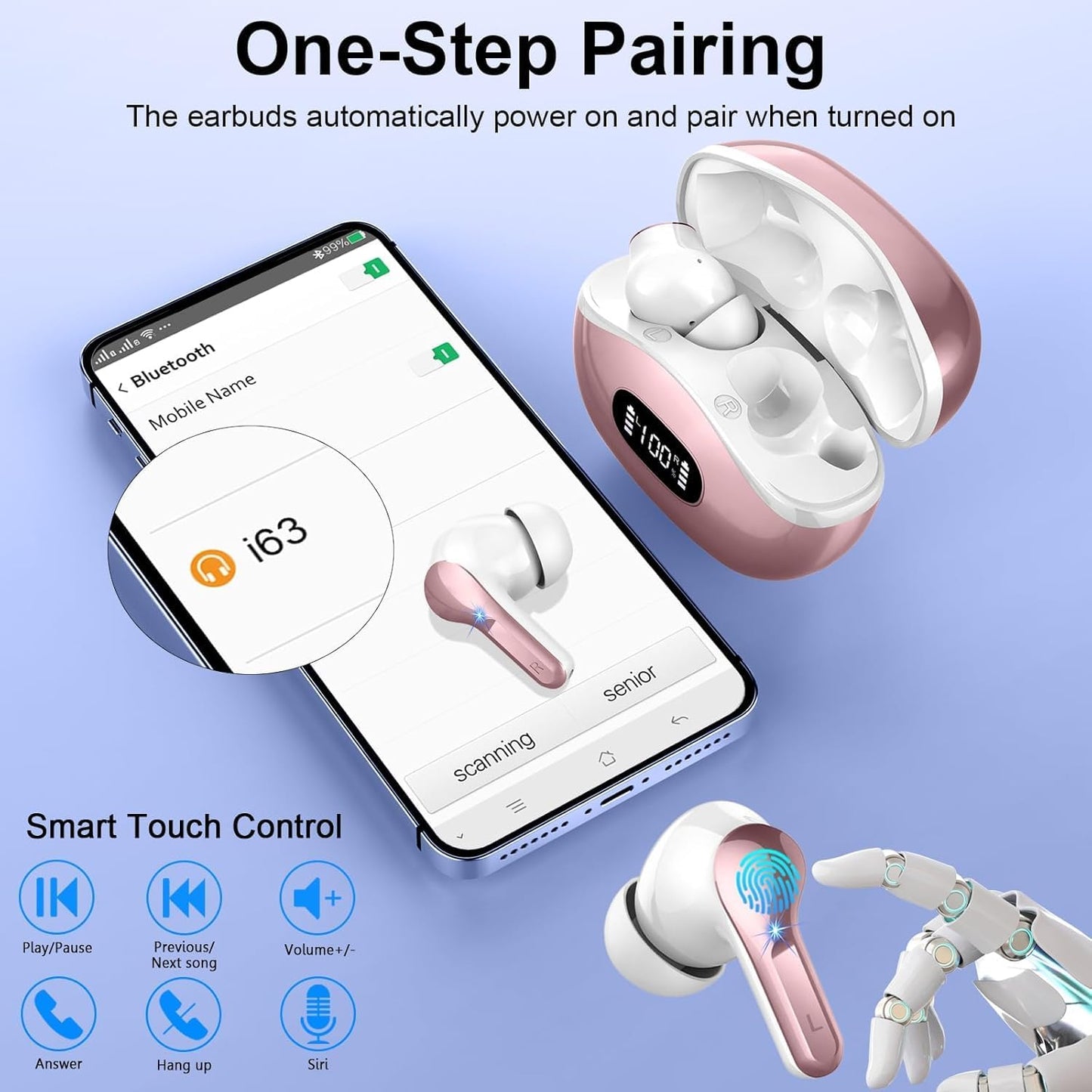 2025 4 IP7 Wireless Earbuds Bluetooth Headphones, Hi-Fi Stereo Deep Bass Ear Buds, ENC Noise Cancelling Mic, USB Fast