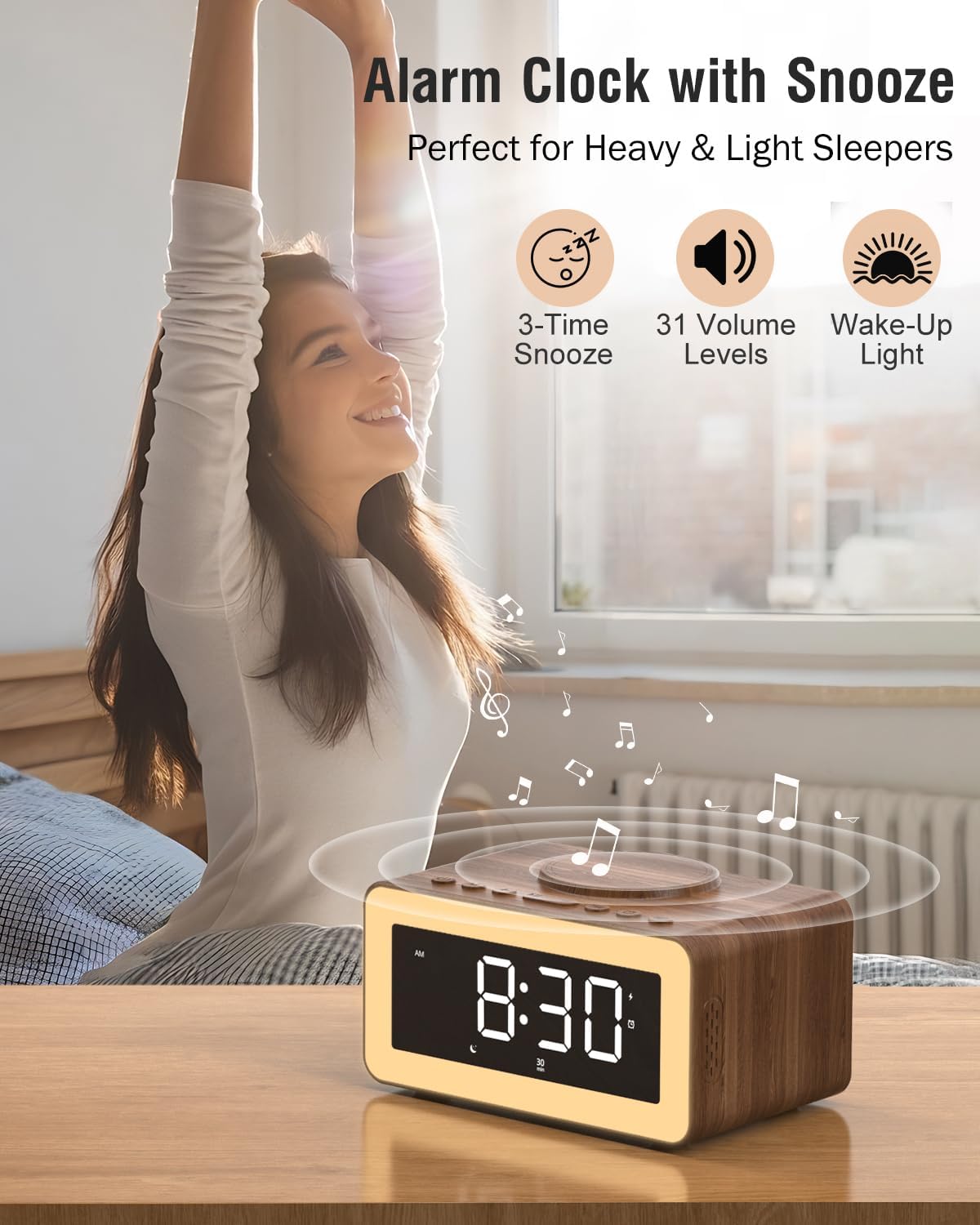 Alarm Clock with Wireless Charging, Bluetooth Speaker, White/Brown Noise Sound Machine Night Light, Wooden Digital