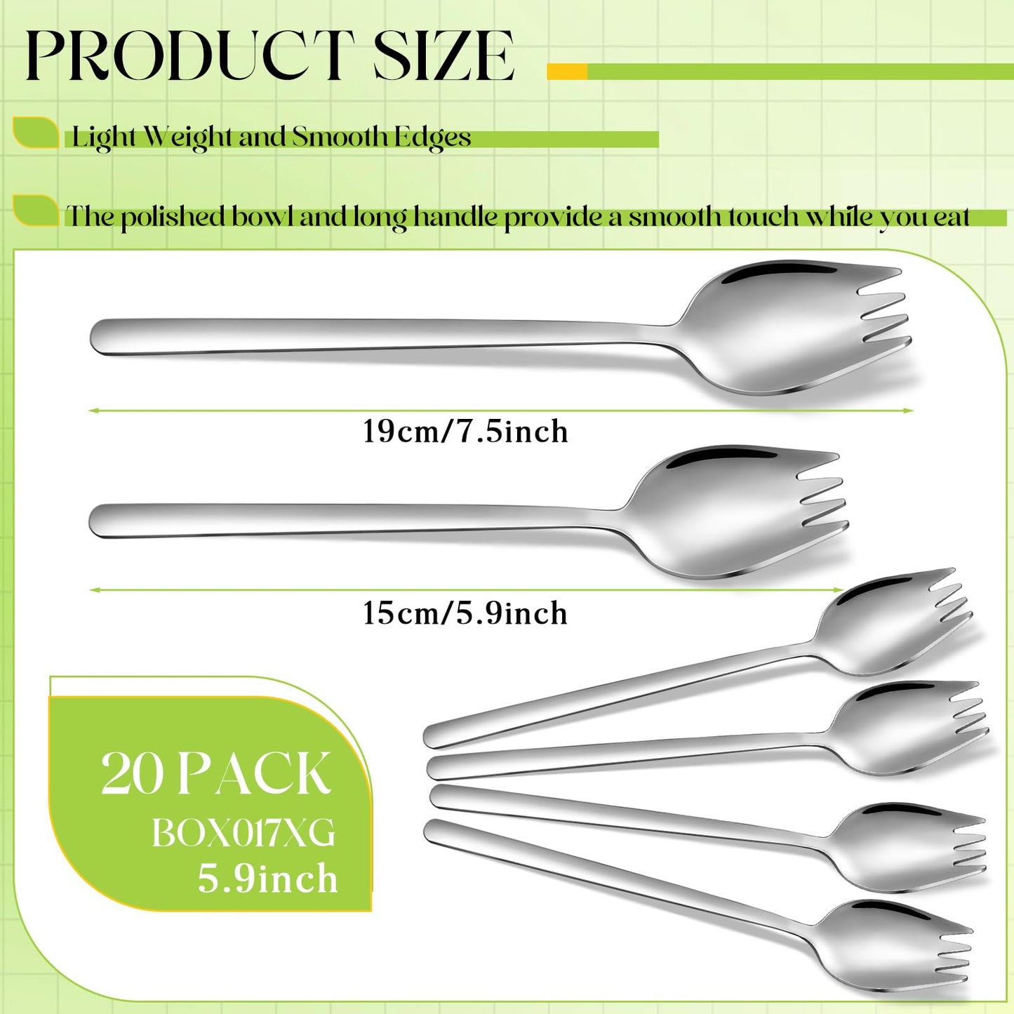 FillTouch 20 Pcs Stainless Steel Sporks Salad Forks Long Handle Dessert Ice Cream Spoons Fork Reusable Fruit Appetizer Sporks for Everyday Use, Camping, Back to School Lunch Supplies(5.9 Inches)