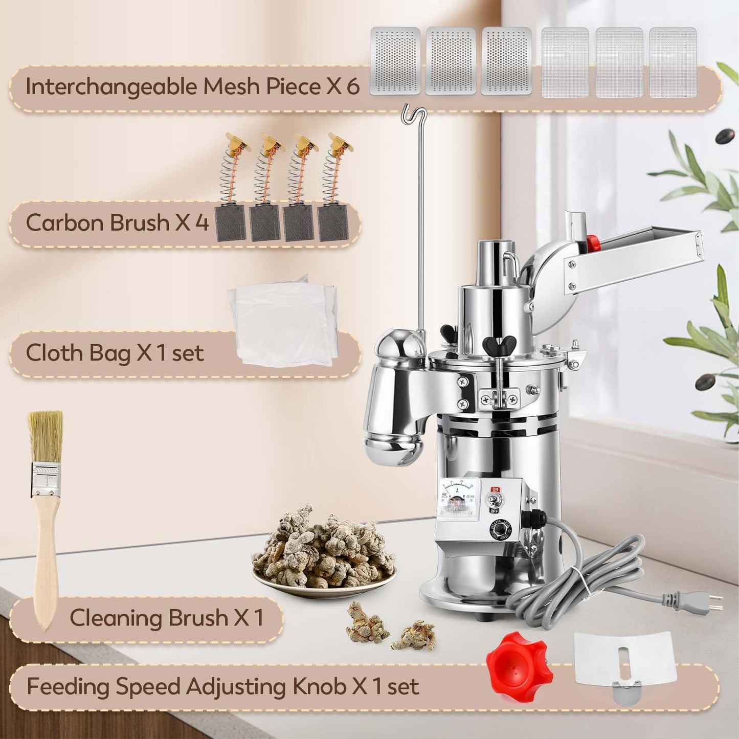 Moongiantgo Hammer Mill Grinder Electric 1200W Continuous Herb Grinder, Capacity 6.6-33 Lbs/H, with 6 Sieve Meshes, Commercial Grinding Machine for Dry Herb Grain Spice Corn Nutmeg, 110V