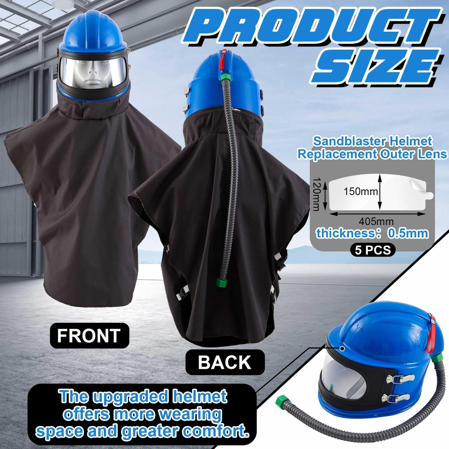 Saysurey Sandblasting Helmet Full Face Sand Blast Hood with 5 Pcs Replaceable Outer Lens Safety Protective Air Feed Sandblaster Helmet with Air Supply Hose, for Industrial