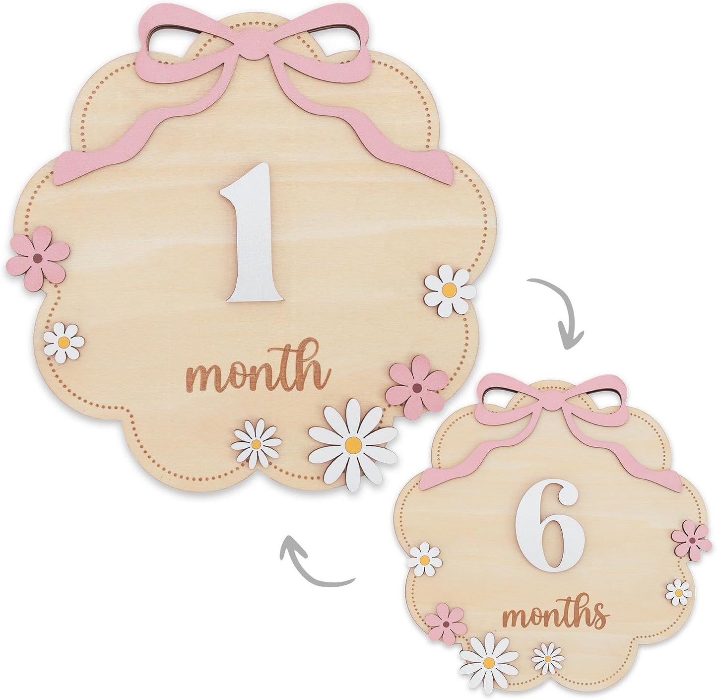 TTMerriwood Set 112 Wooden Baby Monthly Milestone Sign with Pink Bow, Month Cloud Shape Photo Prop, Floral Baby Girl