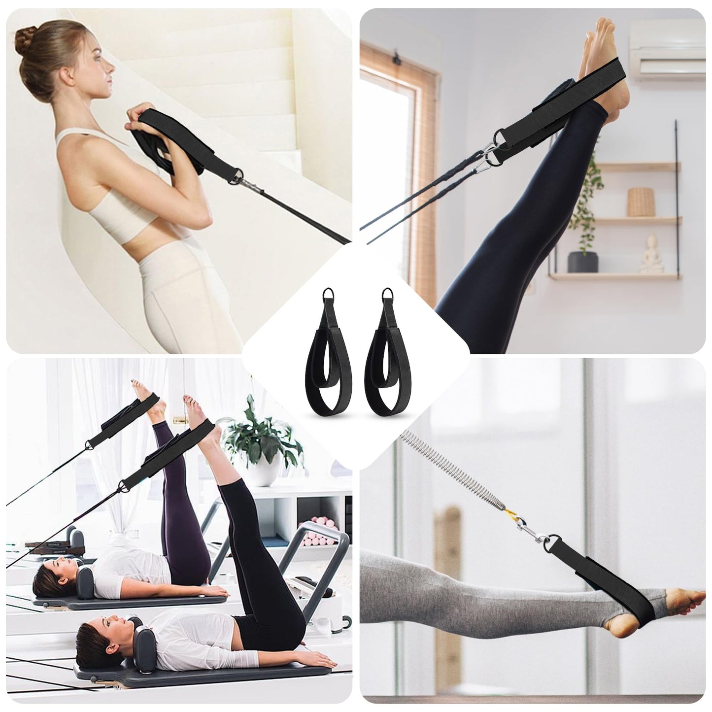 2PCS Pilates Double Loop Strap for Reformer Fitness D-Ring Straps Handle, Yoga Pilates Equipmen D-Ring Exercise Strap for Gym Workout Home (Black)