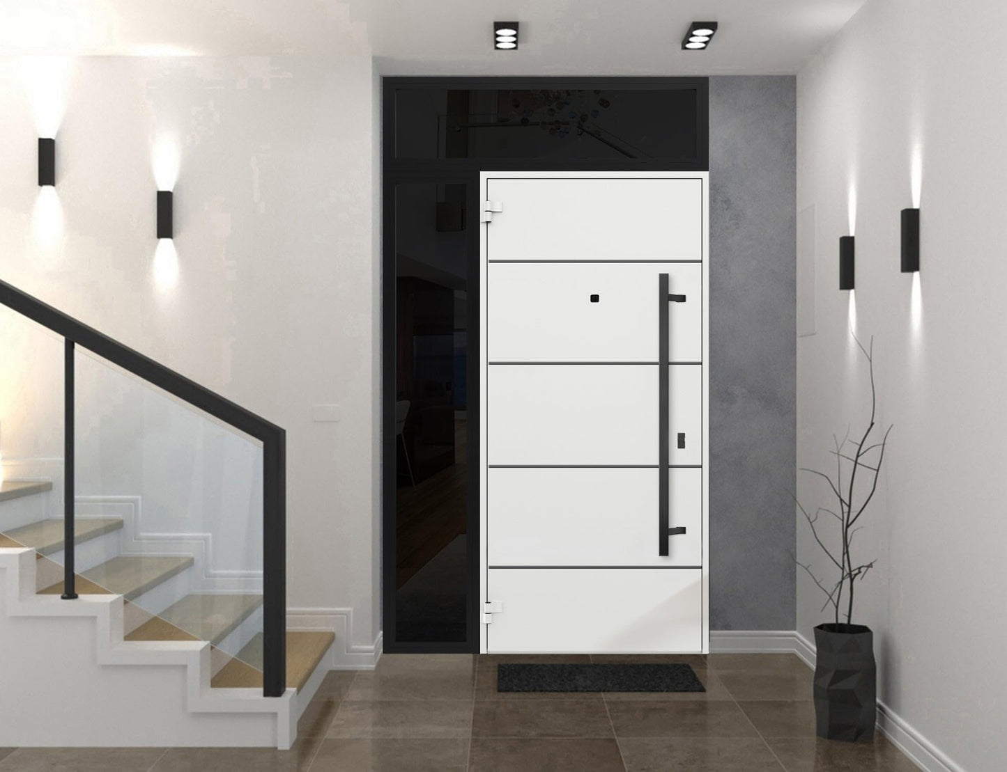 VDOMDOORS Front Exterior Prehung Steel Door/Deux 6683 Natural Oak/Side and Top Exterior Window Sidelite/Entry Metal Modern Painted W36+16" x H80+16" Right Hand Inswing