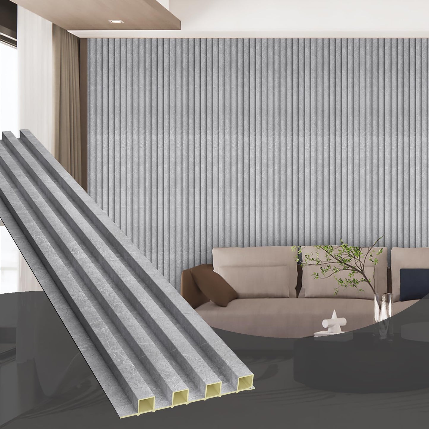 OUZUGIE WPC Acoustic Slat Wall Paneling, 8-Pack 96 x 6 Inches 3D Wall Panels for Interior Wall Decor,Living Room,TV Background,Study Room,Office Spaces,Bedroom,High Grille (Gray Marble)