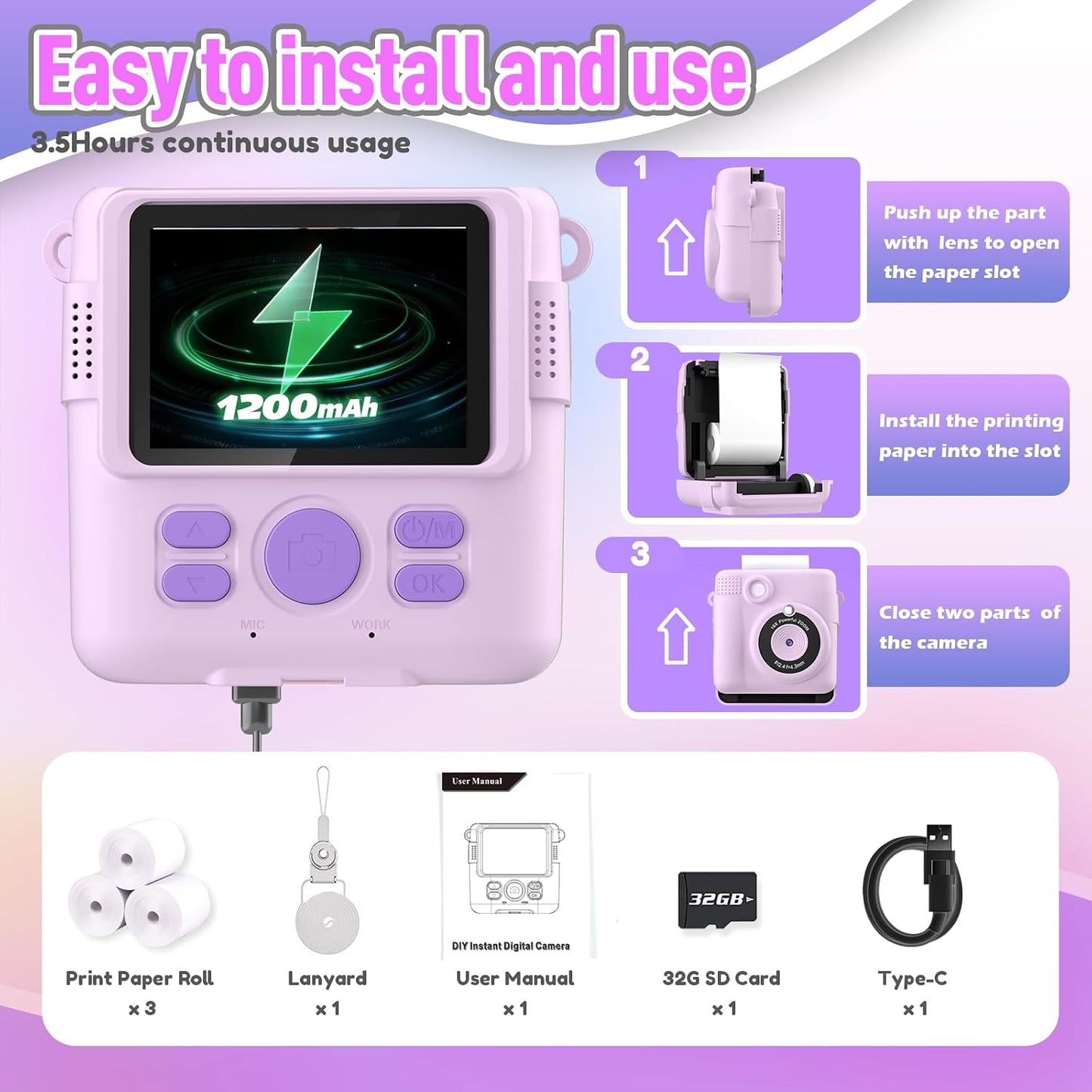 ESOXOFFORE 3-12,Kids 3 4 5 6 7 8 9 10 32GB Instant Print Camera for Kids, Christmas Birthday Gifts for Girls Boys Age