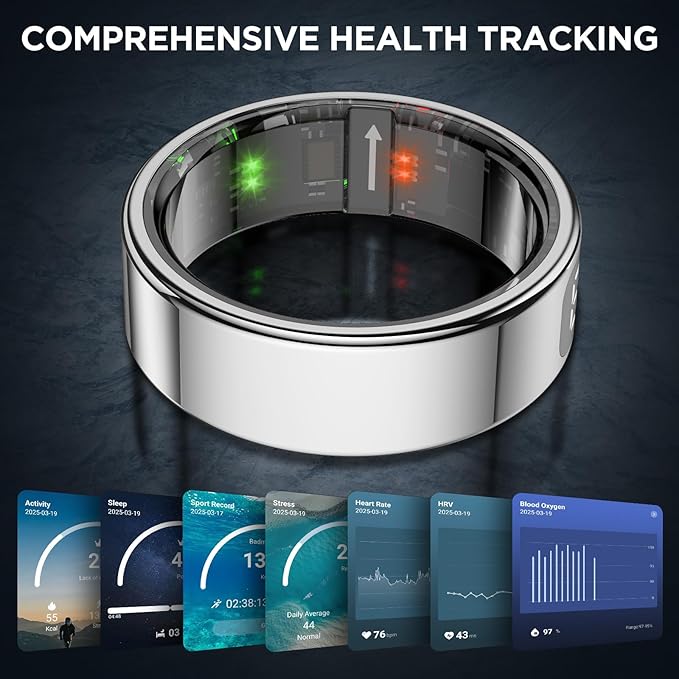 Smart Ring Health Tracker with Display Screen, Sleep Tracker with Heart Rate, Fitness Ring Step Tracker for Activity Monitoring/Steps/Calories,Wireless Charging, for iOS Android (Silver,9#)