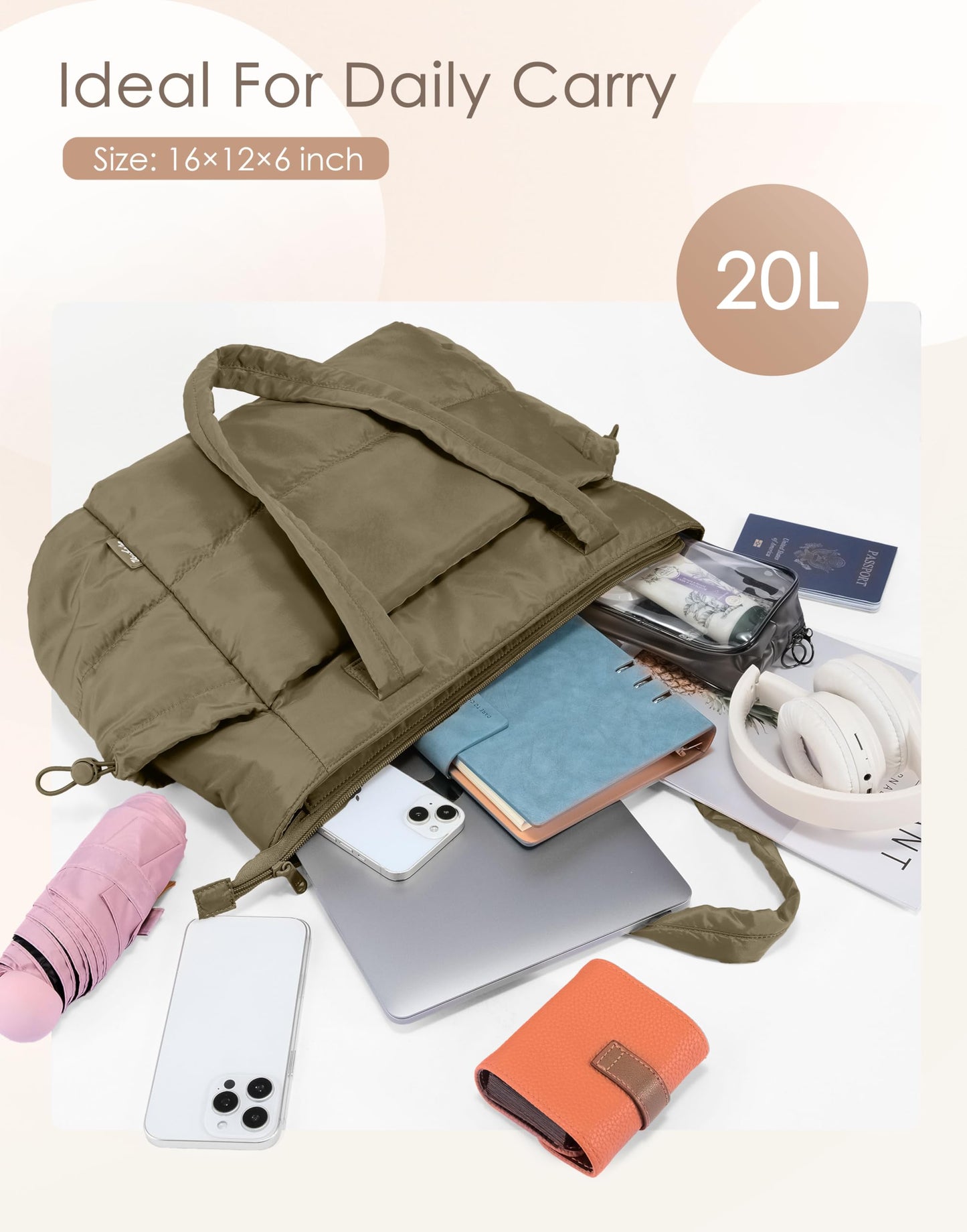 Tote Bag for Women Puffy Work Bags for Women with Zipper Lightweight Quilted Puffer Tote Bag for Travel, Teacher, Nurse (Deep Olive Green)