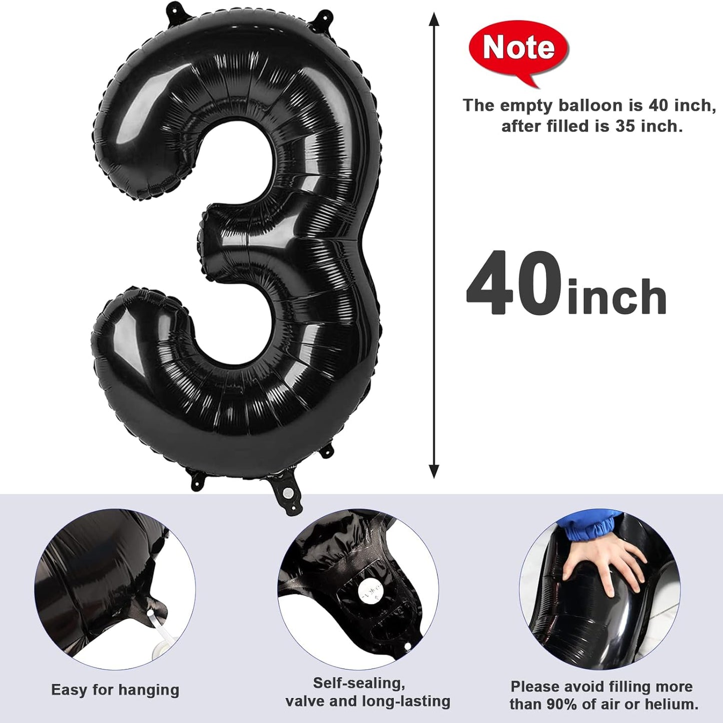 Numbers Balloon - 40 Inch Large Black Balloon for Three Year Old Birthday Decor | Party Decorations