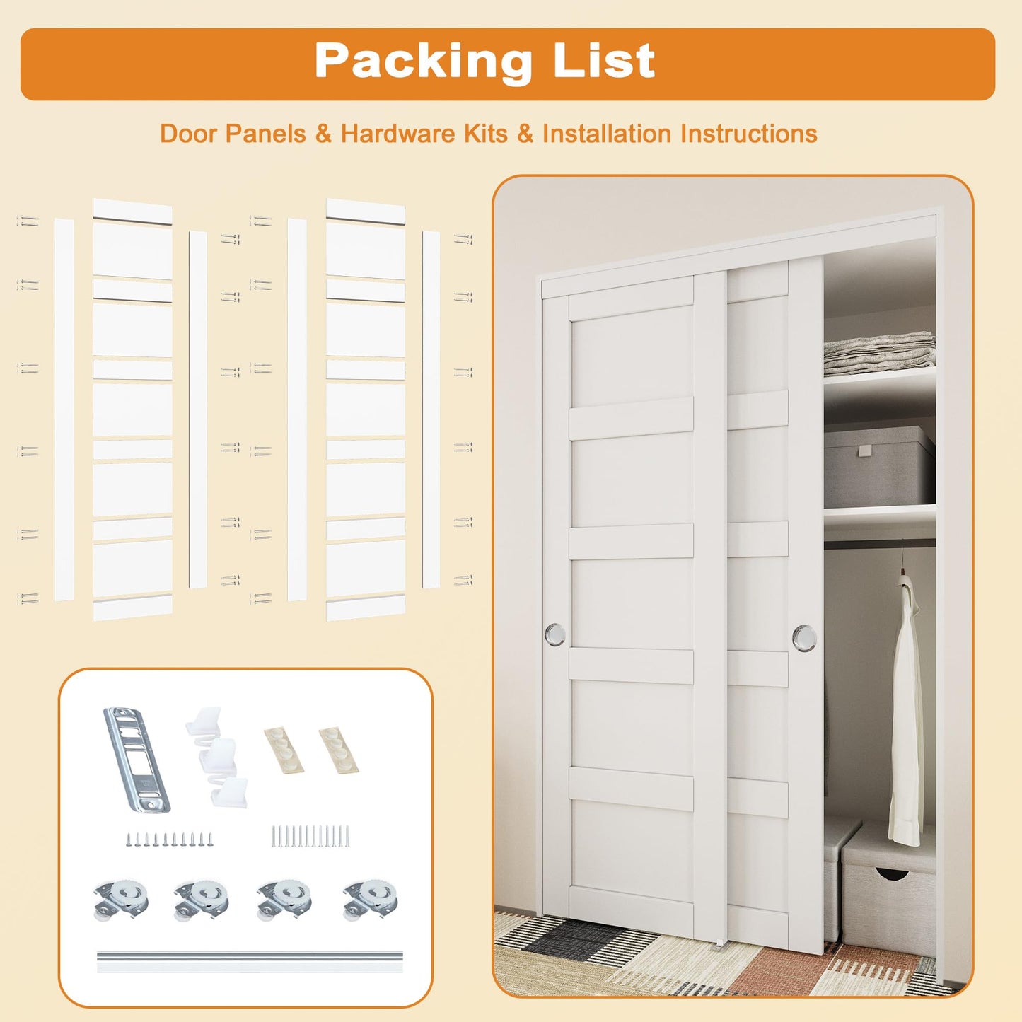 JUJUBON Closet Sliding Door, 48"×80"(Double Barn Doors 25"), Double 5 Panel Sliding Door with Hardware Kit, Pre-Drilled Doors Panel, MDF with Paintable Surface, White, Need to Assemble