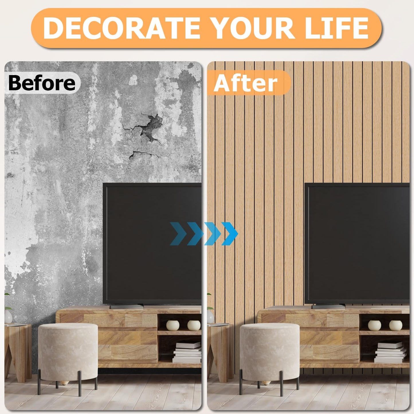 Arthome Peel and Stick Slat Wall Panels 15.7 "x120,Self-Adhesive PVC Wood Grain Wallpaper Panel,3D Thick Faux Soundproof Backsplash Accent Wall Tile for Walls & Furniture (Oak Coverage 13 Sq.ft)