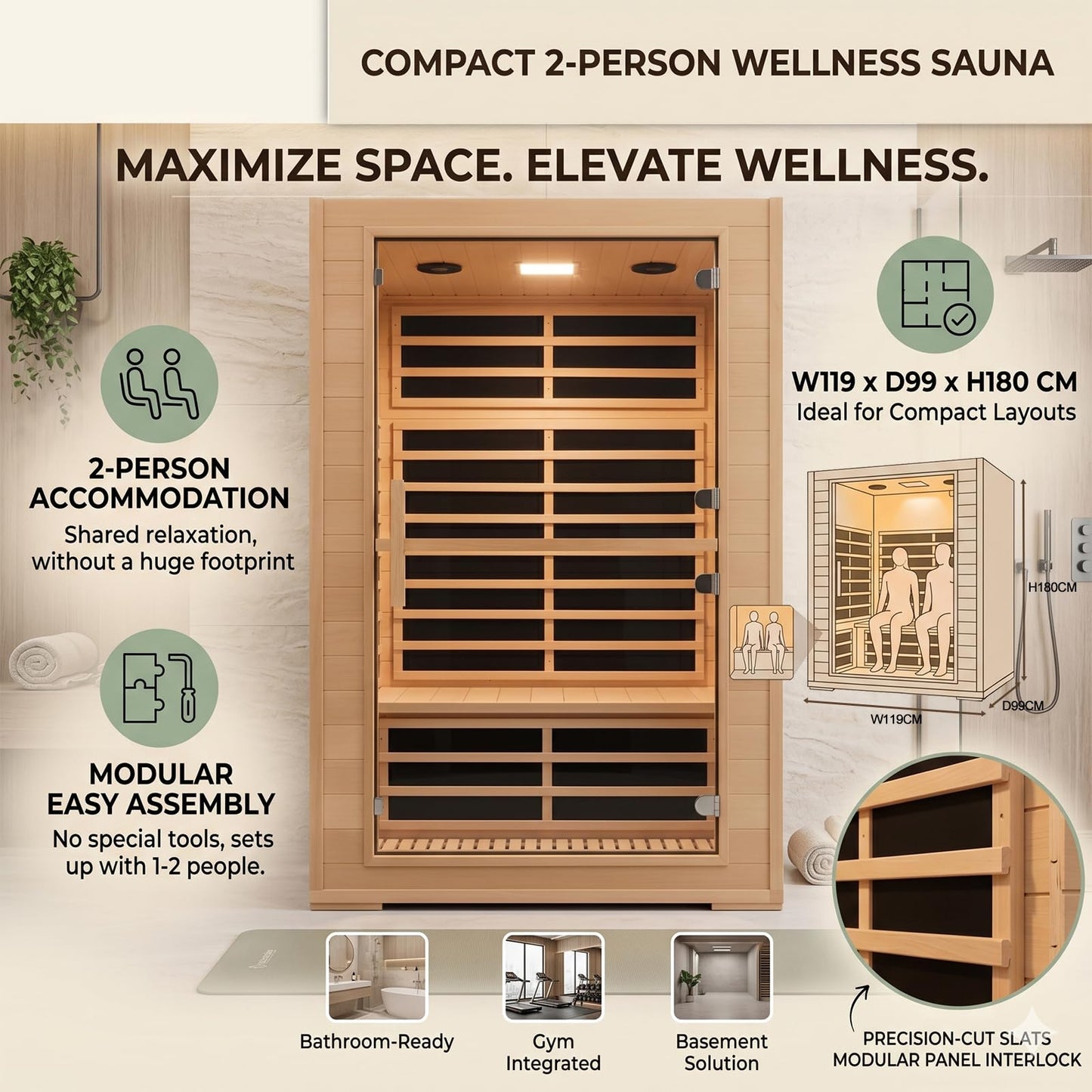 2 Person Far Infrared Sauna for Home, Canadian Hemlock Wood Infrared Sauna, 1800W Low EMF Sauna with 8 Mica Heating Panels, Bluetooth, FM Radio, Color Light Therapy, Indoor Home Spa Sauna