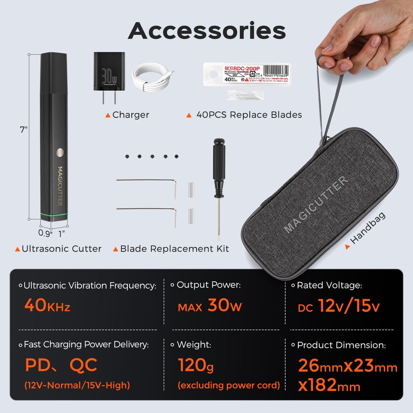 Bonvoisin Ultrasonic Cutter Knife Handheld 30W 40KHz with 40 Replacement Blades, Charger, Carrying Case for Plastic, Acrylic, Carbon Fiber Sheets, Thin Wood, Thin Circuit Boards, 3D Printed Models