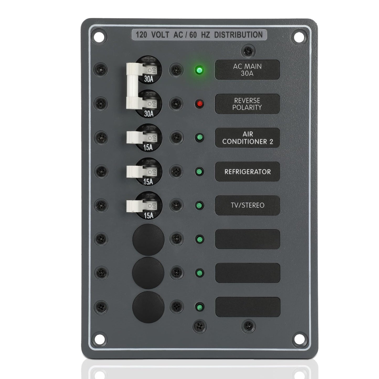 AC Main Circuit Breaker Panel 6-Position Metal Panel withand Red LED Reverse Polarity Indicator and Pre-Wiring,for Marine RV Yacht