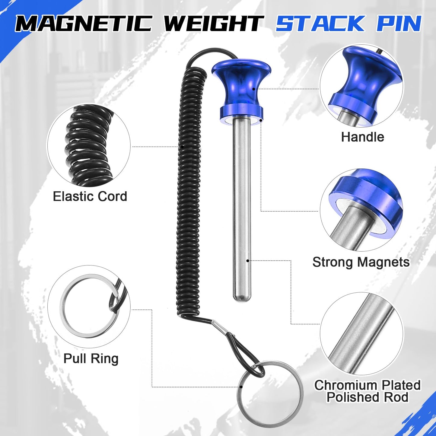 Lasnten 4 Pcs Weight Stack Pin Magnetic Universal Gym Weight Pin 0.4 inch Drop Set with Pull Rope for Plate Apertures Above 10.5 mm Heavy Duty (Blue)