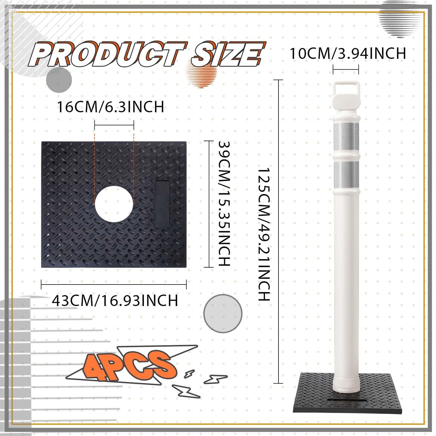 Kanayu 49 Inch Traffic Delineator Posts with 8.8 Lbs Rubber Base PE Delineator Post Portable Parking Pole Traffic Cone Barrier with Removable Base, Reflective Band(4 Packs,White)