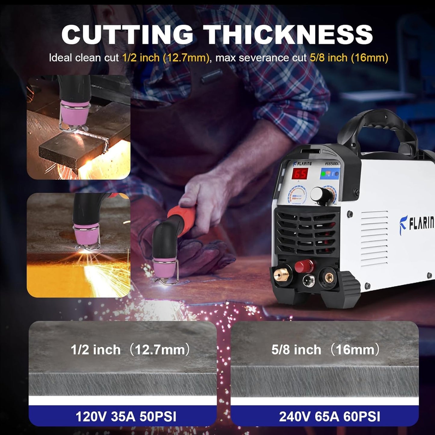 FLARING FC650DL Plasma Cutter 65 AMP Non Touch Pilot Arc Plasma Cutter Machine 120/240V Dual Voltage, High Frequency IGBT Inverter, 1/2"(12.7mm) Clean Cut 5/8"(16mm) Severance Cut with Consumable Set