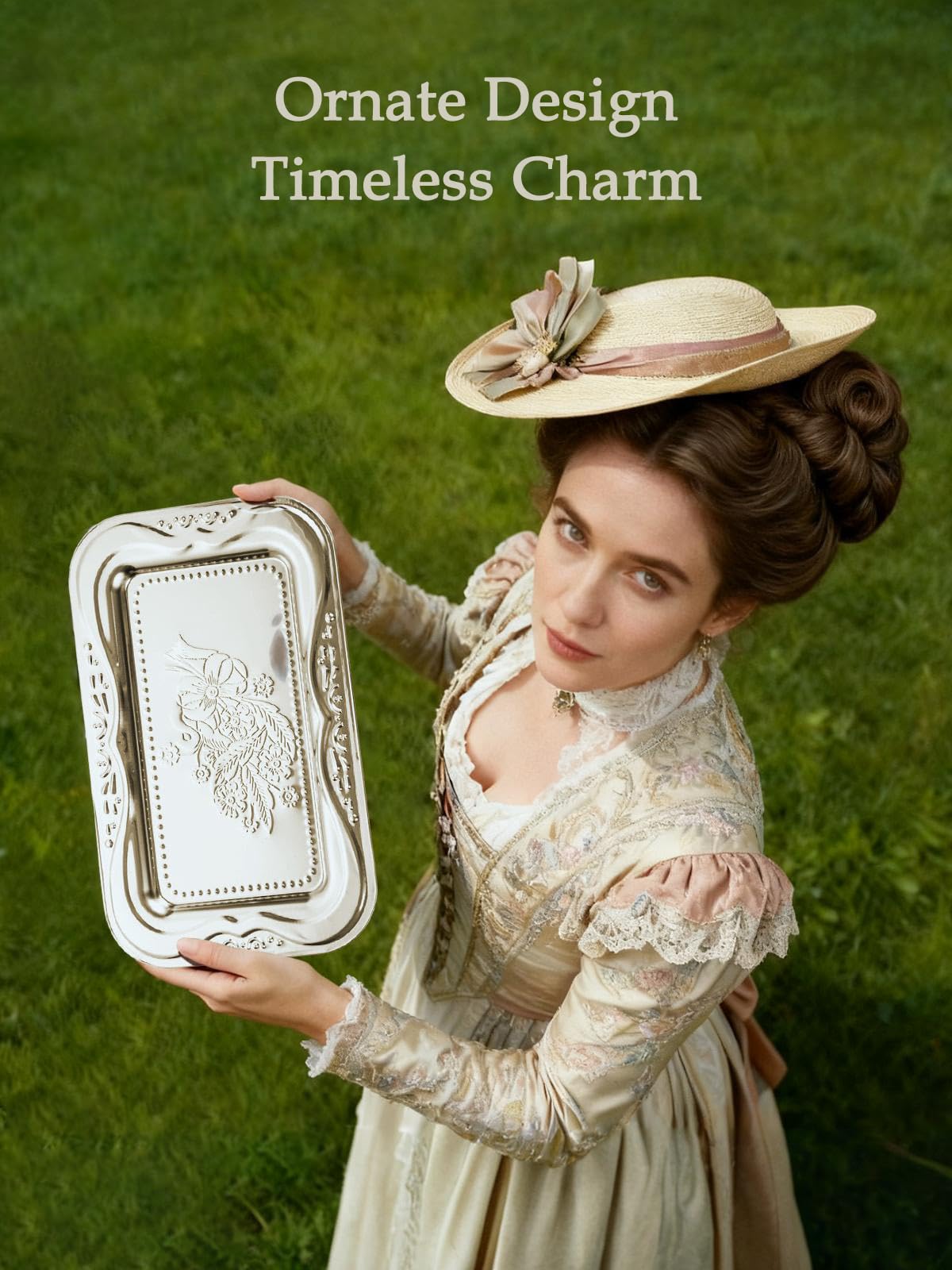 4-Pack Silver Serving Trays Set - ZENOVLUX Lightweight Bow Floral Engraved Mirror Decorative Tray, 13.8" x 8.7" Party Platters for Easter, Food, Appetizer, Charcuterie, Cookies, Desserts