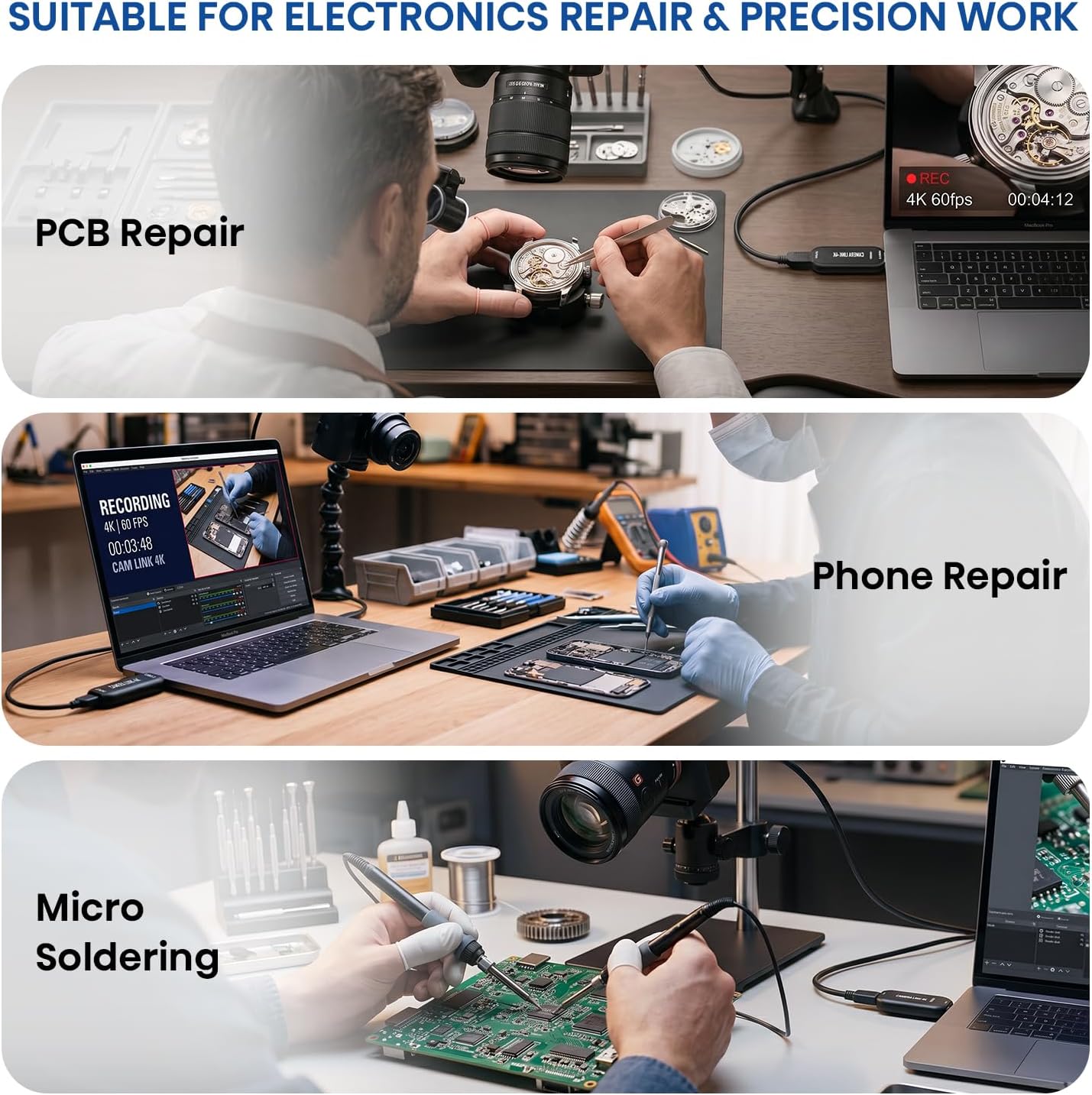 4K 3.0, Cam Link USB Capture Card HDMI to USB Plug-and-Play for Microscopes, DSLR, Electronics Repair & Precision Work