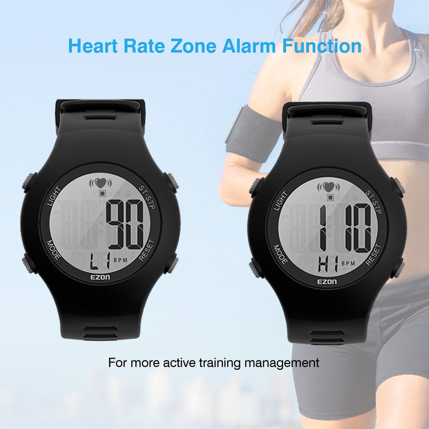EZON Heart Rate Monitor Chest Strap and Digital Watch,5ATM Waterproof Fitness Tracker with HRM,Calories Burned,Stopwatch and Hourly Chime - Ideal Fitness Presents for Men and Women (Black)