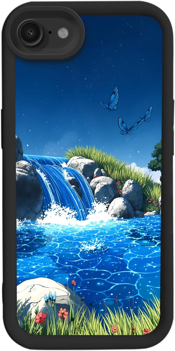 Branwen 16E 6.1 inch for iPhone Case Blue Waterfall Butterfly Soft Touch Step Design, Sparkling Water, Vivid Hues