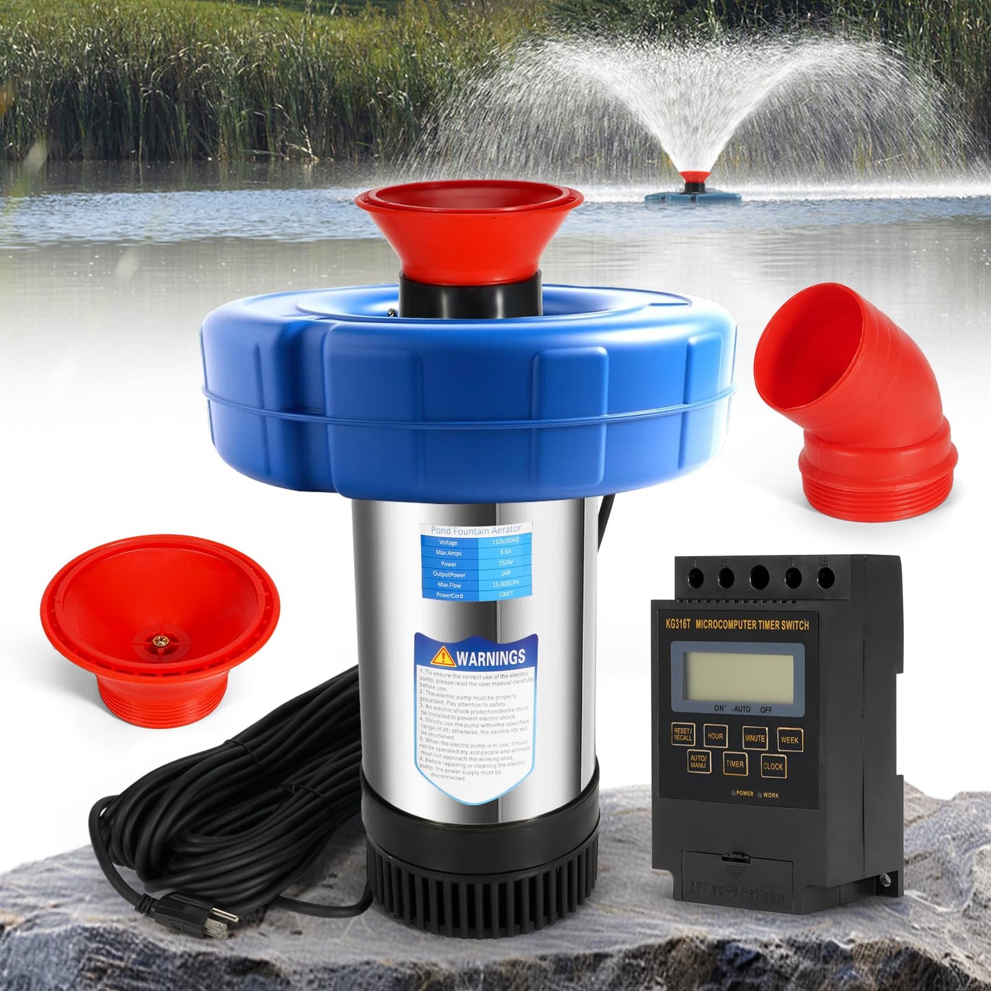 Ytrica Pond Aerator Fountain, 15000 GPH 1HP 110V 750W Floating Fountain Pump, Fit for Large Small Outdoor Ponds Lakes - with 100 Feet Power Cord & Timer Fully Automatic Stainless Steel Aerator