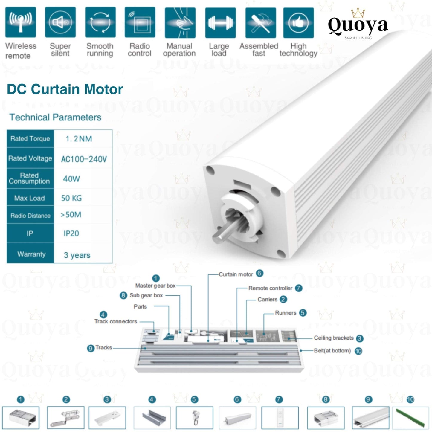 Quoya QL500 Smart Curtains System, Electric Curtain Track with Automated Rail【Motorized and Adjustable Tracks/Rod/Pole (up to 3.2 metres / 125 inches)】【Motor compatible with Alexa】