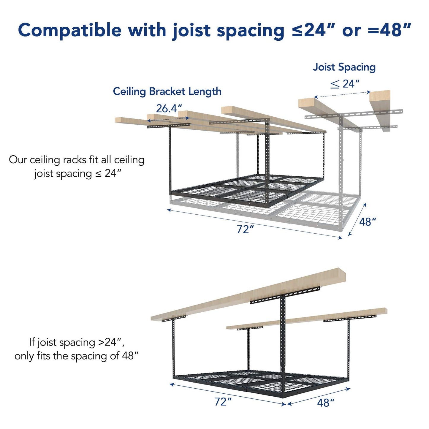 FLEXIMOUNTS 4x6 Overhead Garage Storage Adjustable Ceiling Rack 72" Length x 48" Width x 40" Height, 450lbs Weight Capacity, Black, Classic Series