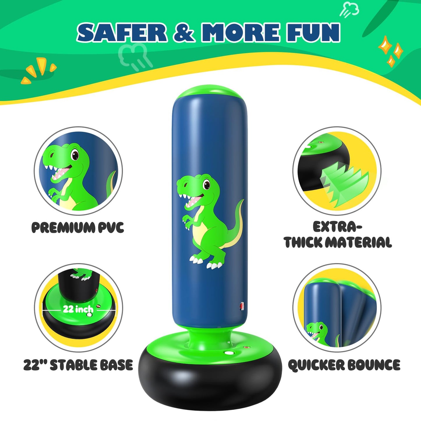 QPAU Inflatable Punching Bag, 48 Inch Stable Inflatable Boxing Bag for 3-6 Kids,Dinosaur Toy & Gifts for Boys and Girls, Kids Boxing Set for Practicing Karate, Taekwondo