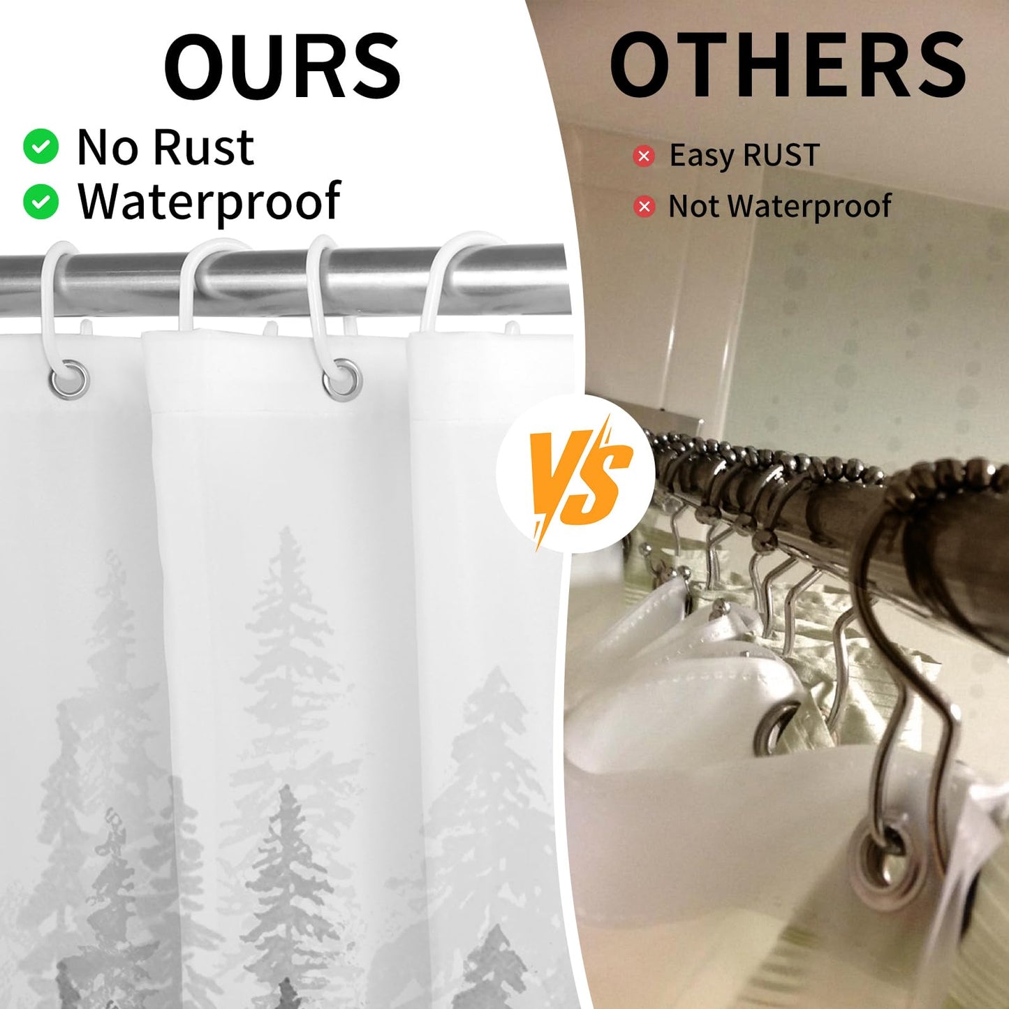 RiePoiia Black and White Misty Forest Shower Curtain for Bathroom,Waterproof Fabric Bathroom Curtains Washable Nature Pine Tree Fog Shower Curtain Set with 12 Pcs Hooks, 72x72 Inch
