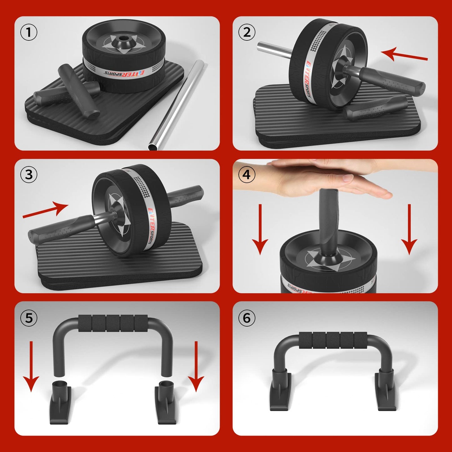 EnterSports Abs Roller Wheel Kit, Exercise Wheel Core Strength Training Abdominal Roller Set with Push Up Bars, Resistance Bands, Knee Mat Home Gym Fitness Equipment for Abs Workout