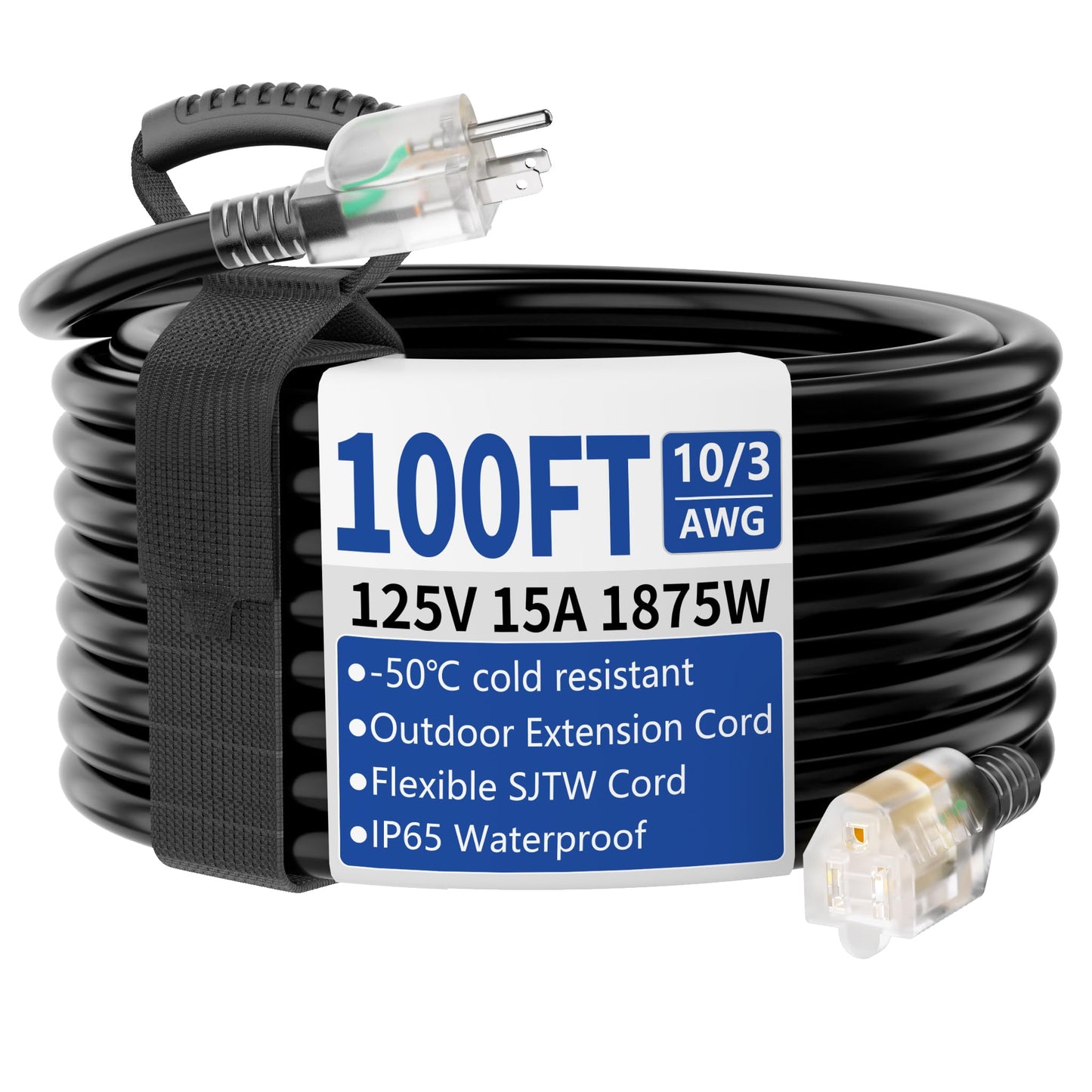 Cismorvex 100ft Outdoor/Indoor Extension Cord with Lighted 10/3 Gauge Ultra 3 Prong Heavy Duty SJTW, Waterproof, Flexible Cold-Resistant,15A 125V 1875W, Black