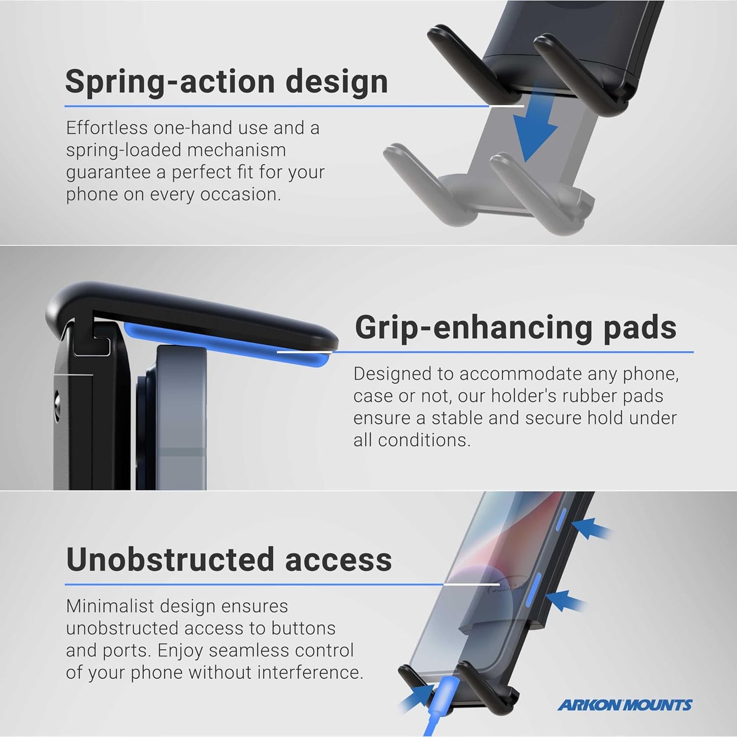 ARKON 7.25 inches Mounts - Car Phone Holder | Secure Grip | Heavy Duty | Drill Base Car Phone Mount | Spring-loaded