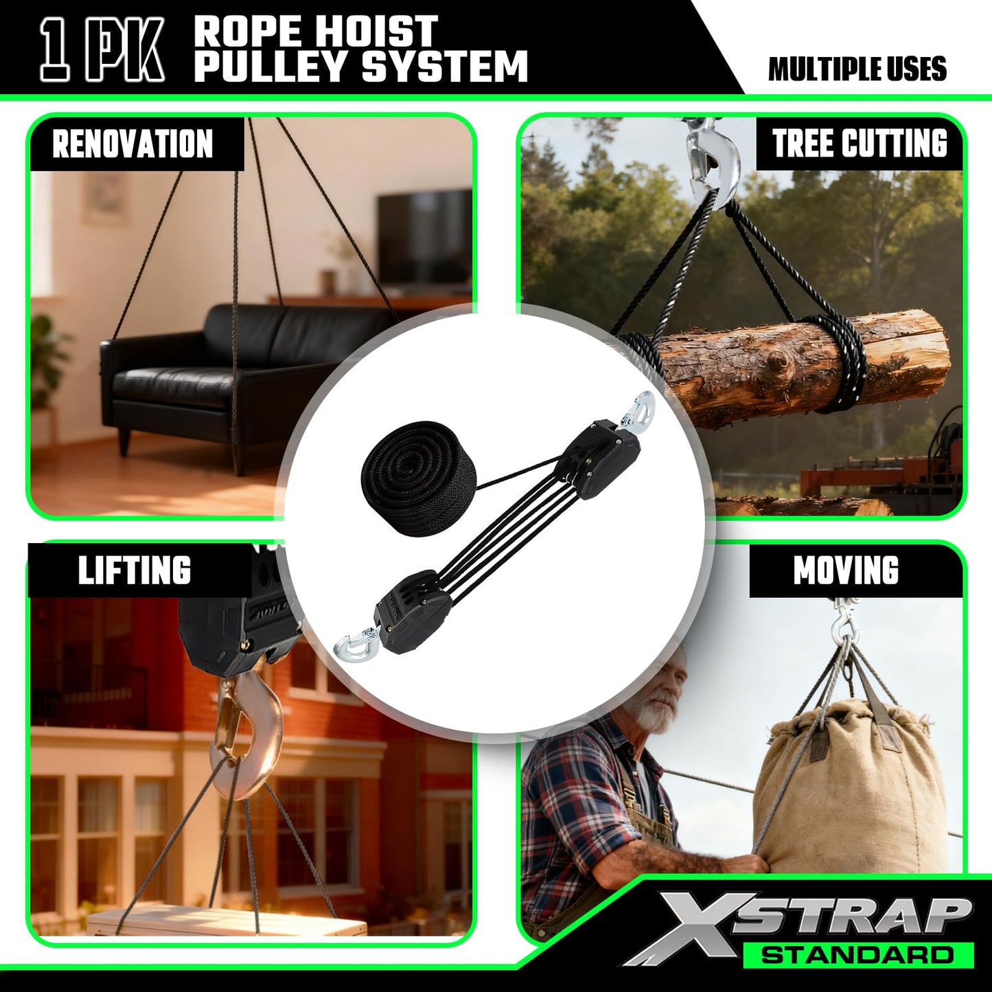 XSTRAP Rope Hoist 50 Feet Block and Tackle Pulley System for Lifting Heavy Objects, Heavy-Duty 2000 LBS Breaking Strength with 2PK Soft Loops, 5:1 Lifting Power Pulley Hoist (Upgraded Black)