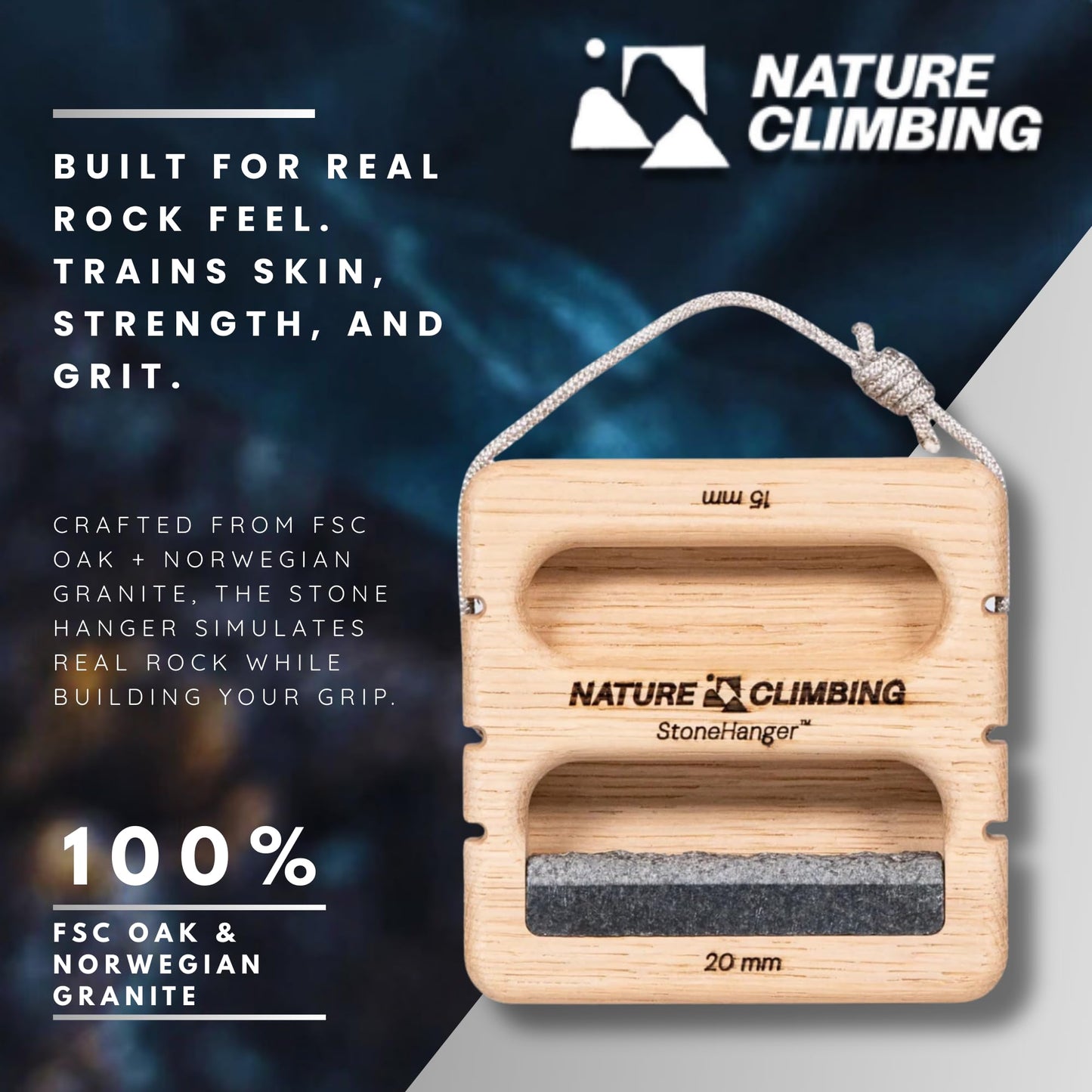 Nature Climbing Stone Hanger Portable Hangboard – Real Rock Texture, 6/10/15/20mm Edges | Finger Strength Training, Crimp & Pinch Board for Rock Climbing & Bouldering