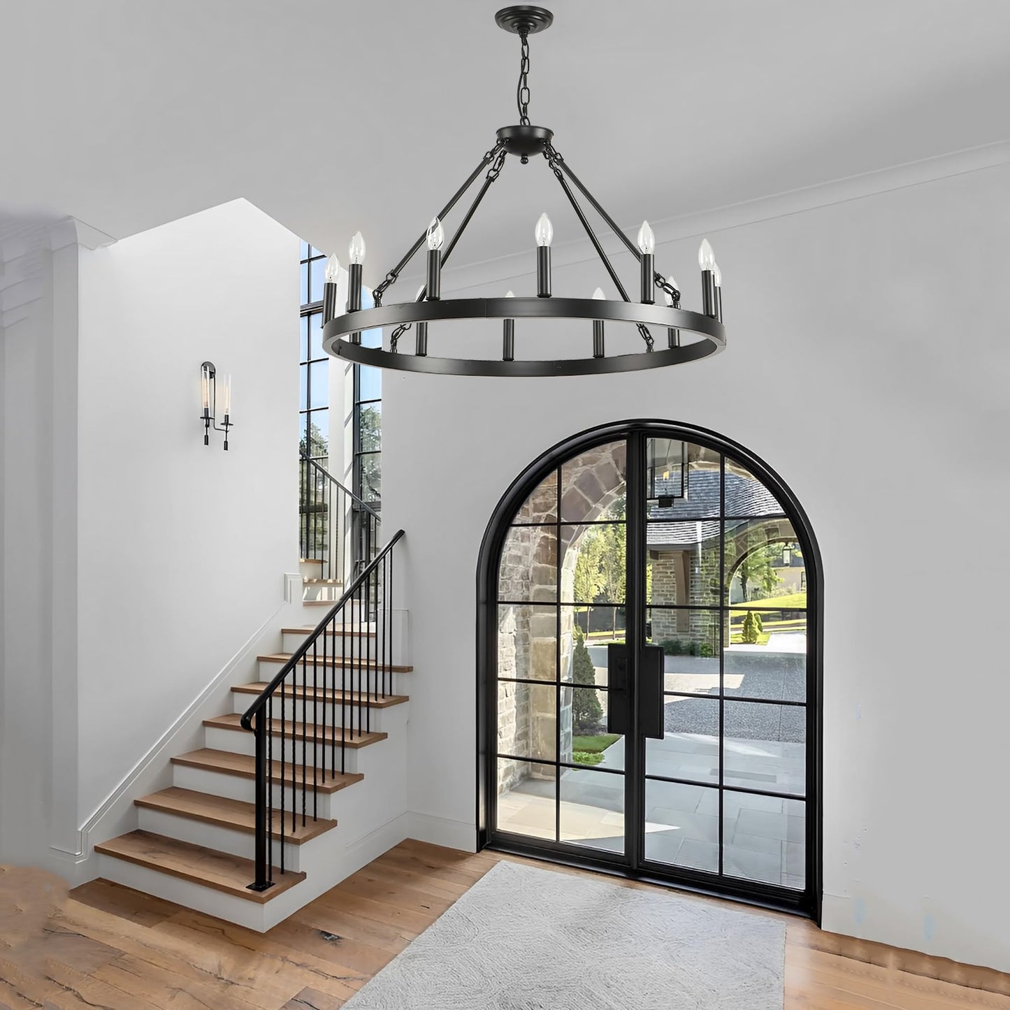 ZBMYRBZJ Black Wagon Wheel Chandelier 32 inch,12-Light Farmhouse Wagon Wheel Chandeliers Round Industrial Ceiling Light fixtures for Porch high Ceilings Living Dining Room Foyer Entryway