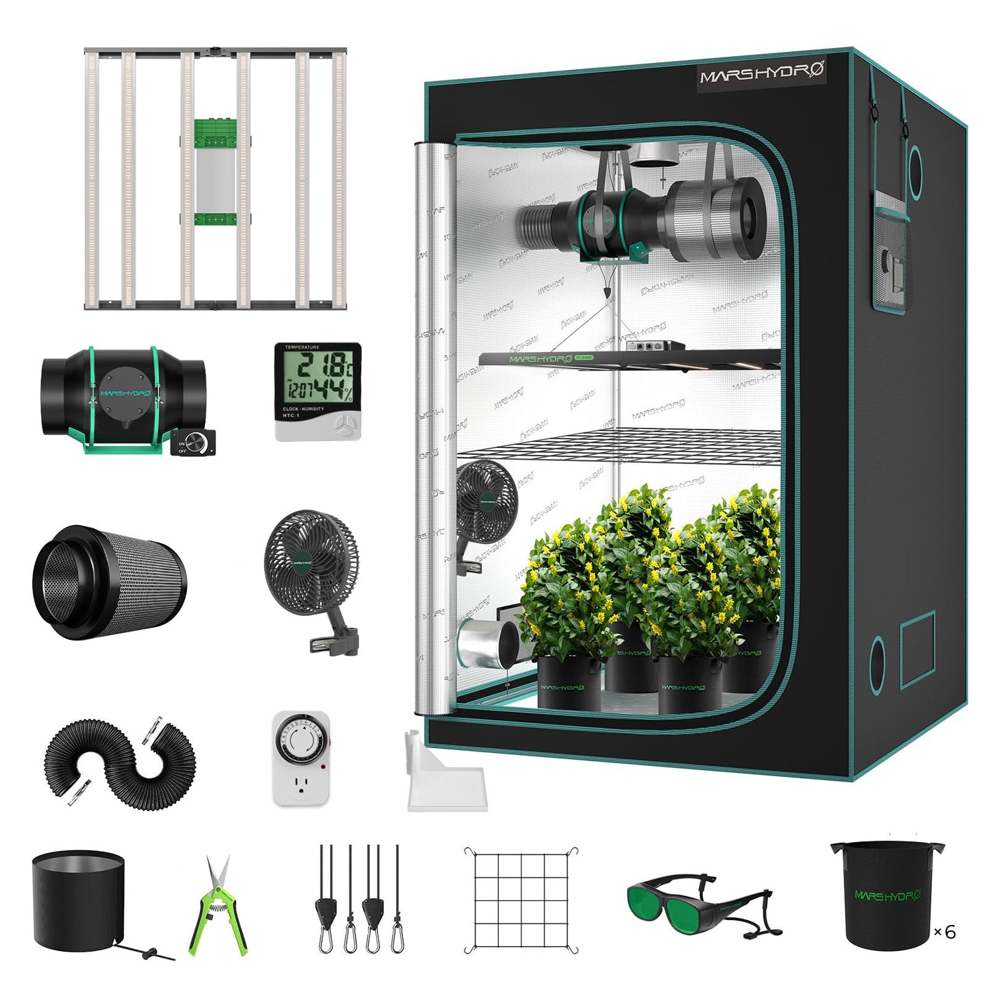 MARS HYDRO 4x4 Smart Grow Tent Kit Complete System,480W FC-E4800 APP WiFi Control Light 2646pcs LED,1680D High Reflective Mylar,with 6inch 32dB,402CFM Quiet and Energy-Efficient Ventilation System