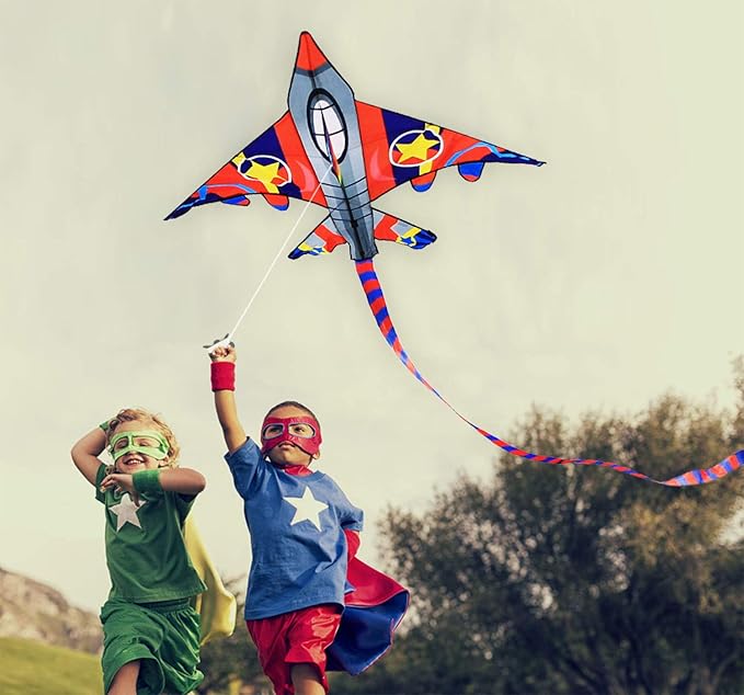 HONBO 58" Fighter Plane - Kite for Kids & Adults, Easy to Fly, Beach Trip Beginner Kite with Reel and 200ft String