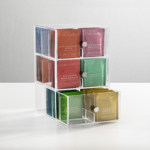 mDesign Plastic Wide Kitchen Pantry, Cabinet, Countertop Organizer Storage Station with 3 Drawers for Coffee, Tea, Sugar Packets, Sweeteners, Creamers, Drink Pods, Packets; 18 Sections - Clear