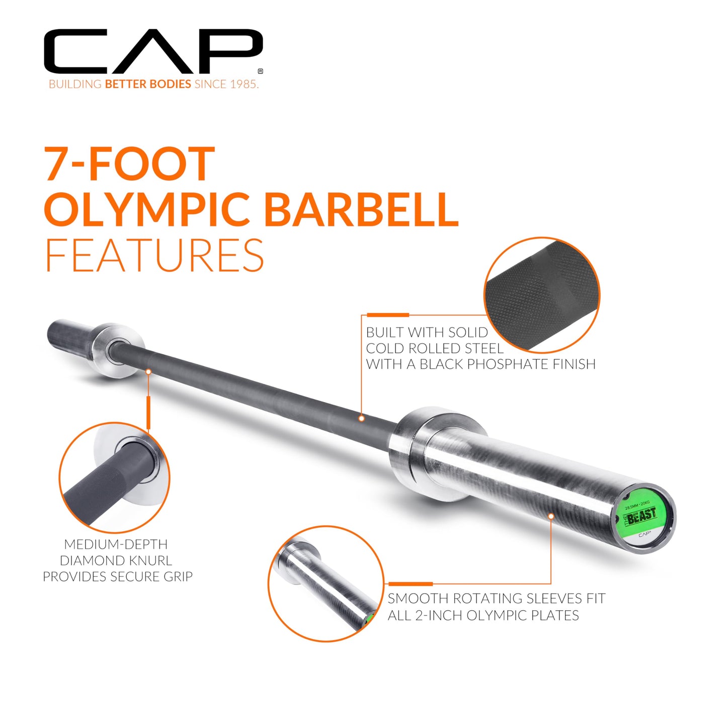 CAP Barbell THE BEAST Olympic Bar | For Weightlifting and Power Lifting, THE BEAST - Black/Chrome, No Center Knurl, 7' Olympic