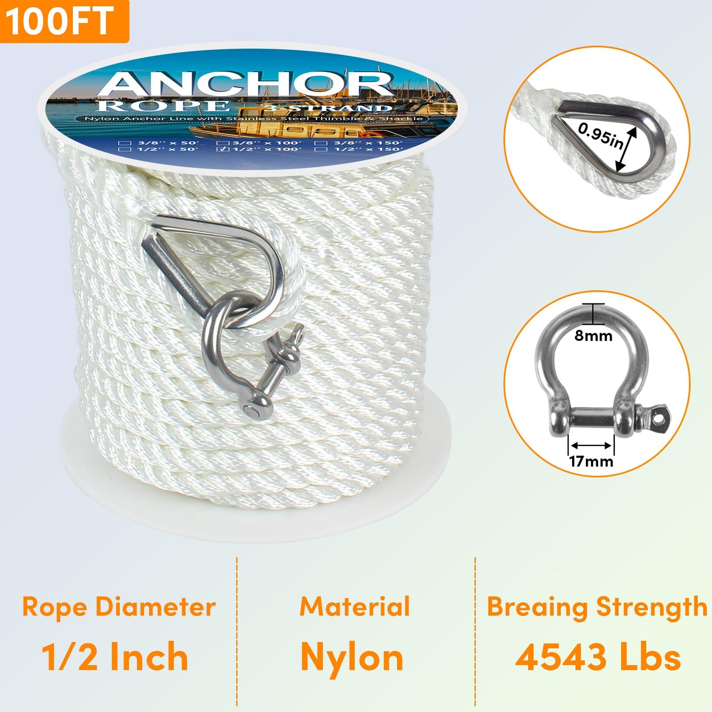 Anchor Rope 100 ft X 1/2 inch, 3-Strand Twisted Nylon Anchor Line, Boat Rope with Stainless Steel Thimble and Shackle for Boating, Anchoring, Mooring,Pulling (White)