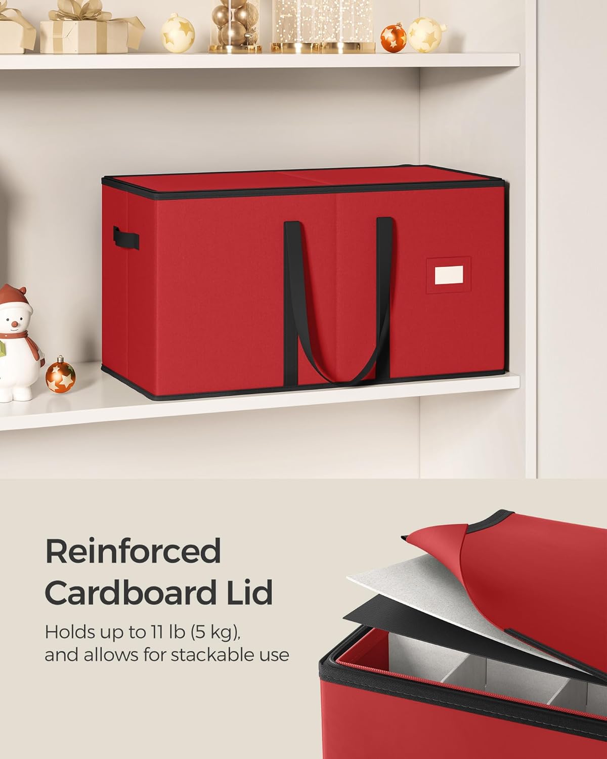 SONGMICS Christmas Ornament Storage Box - Stackable Dual Zipper Container with 128 Slots - Cherry Red, 600D Oxford