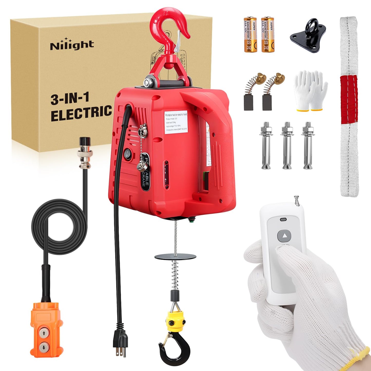 Nilight 3-in-1 Electric Hoist Winch, 660LBS 1500W Portable Power Winch Crane with Manual Wired Wireless Remote Control, 110V Electric Winch 33FT/Min Speed 39FT Height for Garage Warehouse Factory, Red