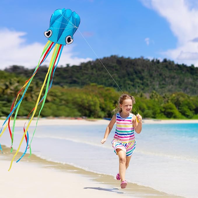 Xida Octopus Kite for Kids Ages 4-8, Professional Kites for Beginners and Adults, Easy to Fly Beach Kites for Boys and Girls, Long Colorful Tail with 200ft Line, Large Kite for Outdoor Family Games
