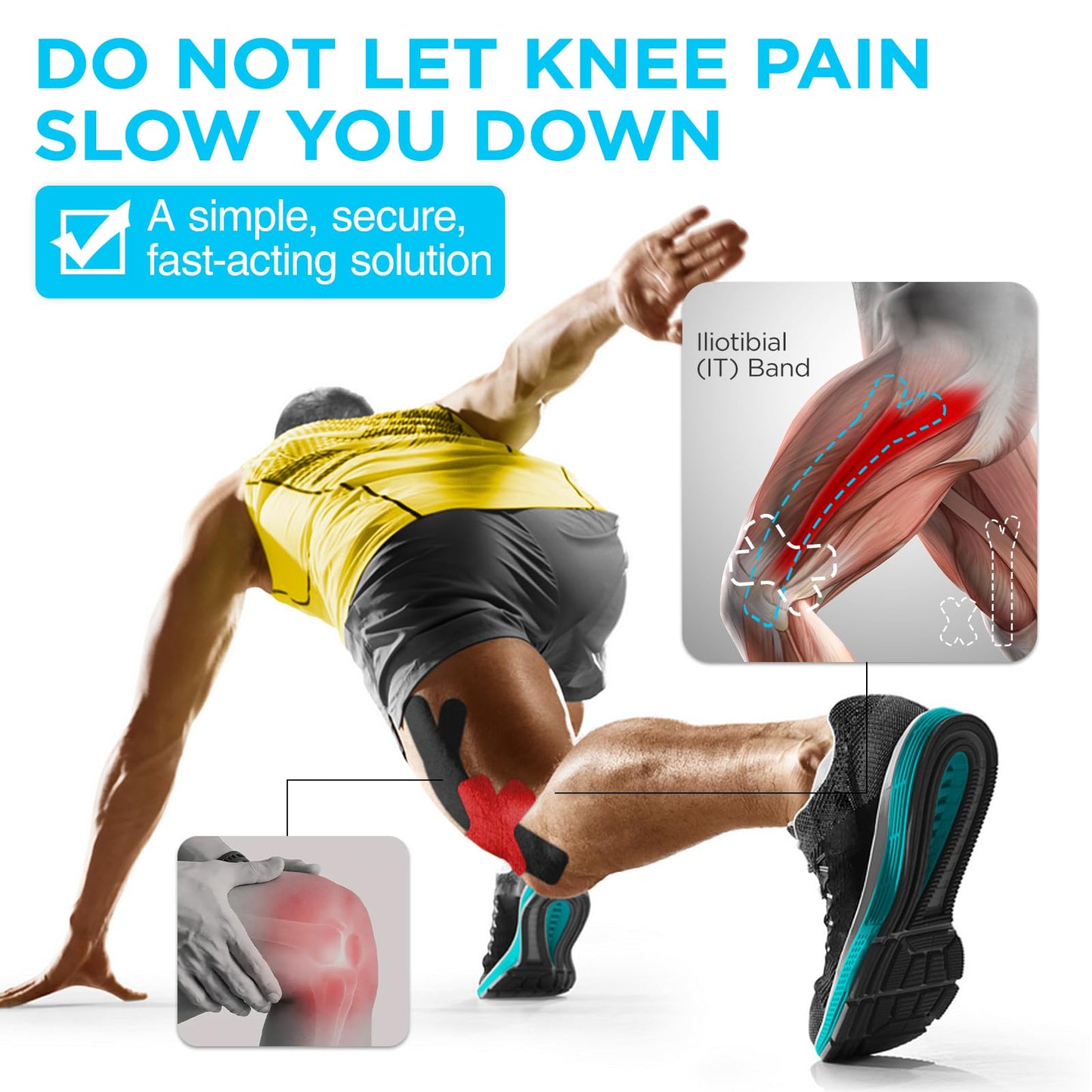 OK TAPE Precut Kinesiology Tape for Knee, Thigh, IT Band Pain Relief, 20 Strips, Provide Support & Stability, Elastic Athletic Tape, Waterproof Knee Tape for Running (Black & Red)