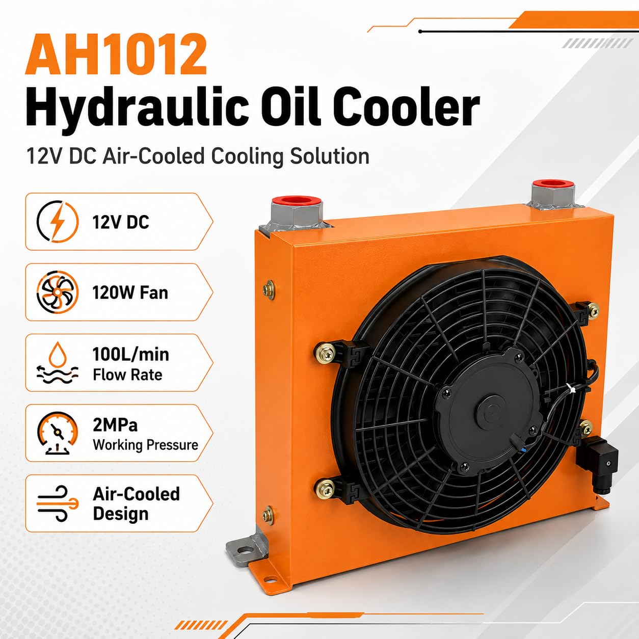 AH1012T-CA Hydraulic Oil Cooler 12VDC 120W Air Oil Cooler 100L/min 2MPa Hydraulic Radiator with Fan for Hydraulic Systems, Industrial Machinery, Excavator, Tractor Cooling