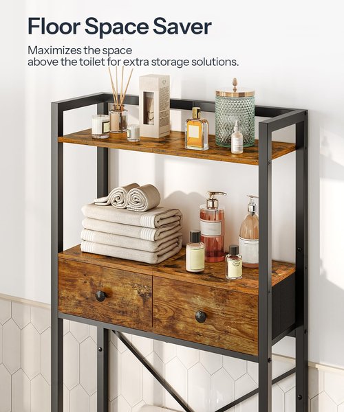 HOOBRO Over The Toilet Storage Rack with 2 Drawers, 3-Tier Bathroom Organizer Shelf Over Toilet, Freestanding Space Saver Bathroom Toilet Shelves Above Toilet for Room, Rustic Brown and Black BF47TS01